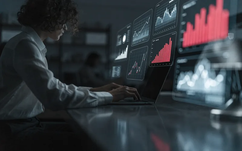 Holographic analytics dashboards floating over a person at a laptop