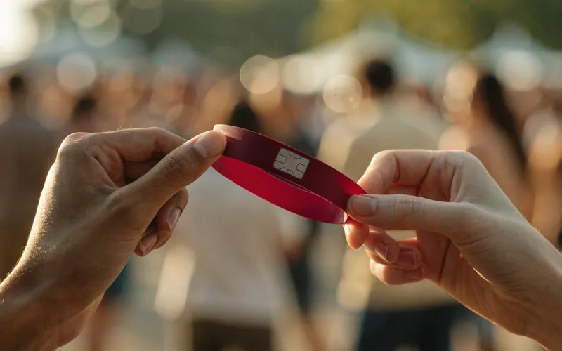 A red event wristband held between two hands