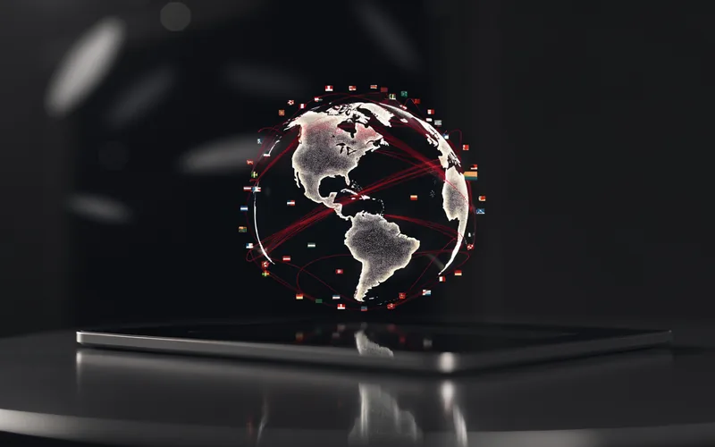 Tablet projecting world flags across a connected network