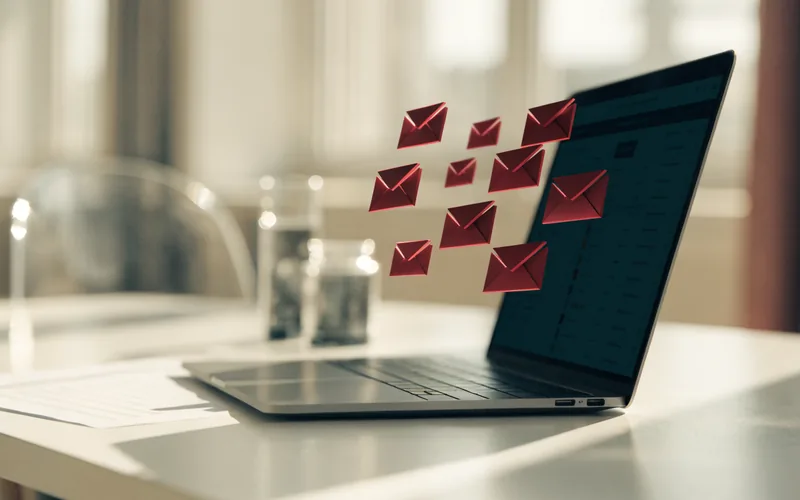 Laptop showing an email inbox with floating envelope notifications
