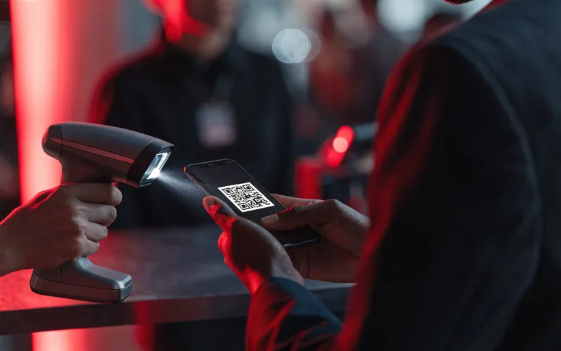 Customer presenting a phone with a QR code being scanned at a counter