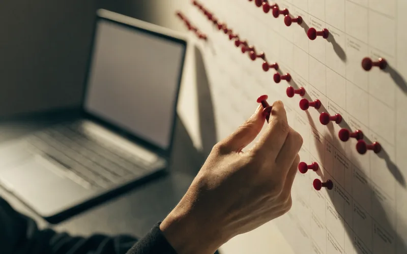 Hand placing pushpins on a printed calendar beside a laptop