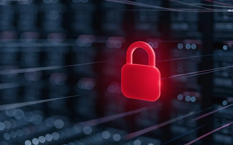 Glowing red padlock in front of a server rack with streaming data points