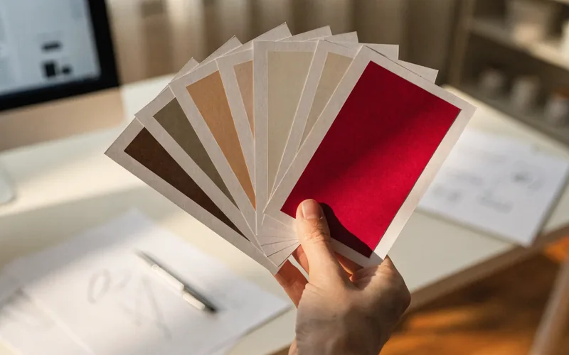 A hand holding a fanned-out set of Pantone-style color swatches